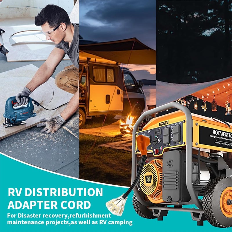NVKABVY 30 Amp to 110 Adapter RV Cord, 30 Amp to 20 Amp Adapter, NEMA TT-30P Male to 3X 5-15R/5-20R T-Blade Household Outlet Female with Lighted Power Indicator UL Listed (TT-30P to 3X5-15R/5-20R) - Image 4